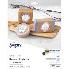 AVE22807 - Avery&reg; Glossy White Circle Labels, Sure Feed(TM) Technology, Laser/Inkjet Compatible, 2", 120 Glossy Labels (22807)