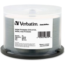 VER98319 - Verbatim DVD+R DL 8.5GB 8X DataLifePlus White InkJet Printable, Hub Printable - 50pk Spindle