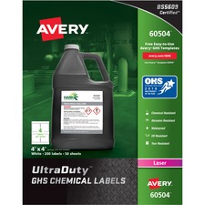 AVE60504 - Avery&reg; UltraDuty(R) GHS Chemical Labels for Laser Printers, Permanent Adhesive, Waterproof, UV Resistant, 4" x 4", 200 Labels (60504)