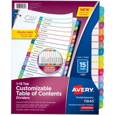 AVE11845 - Avery&reg; Customizable Table of Contents Dividers, Ready Index(R) Printable Section Titles, Preprinted 1-15 Arched Multicolor Tabs, 1 Set (11845)