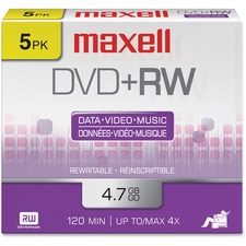 MAX634045 - Maxell DVD Rewritable Media - DVD+RW - 4x - 4.70 GB - 5 Pack