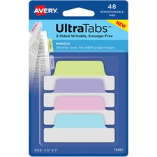 AVE74867 - Avery&reg; Ultra Tabs(R), 2.5" x 1", 2-Side Writable, Pastel Colors, 48 Repositionable Margin Tabs (74867)