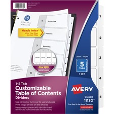 AVE11130 - Avery&reg; Customizable Table of Contents Dividers, Ready Index(R) Printable Section Titles, Preprinted Black Numbers 1-5 White Tabs, 1 Set (11130)