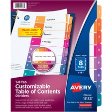 AVE11133 - Avery&reg; Customizable Table of Contents Dividers, Ready Index(R) Printable Section Titles, Preprinted 1-8 Multicolor Tabs, 1 Set (11133)