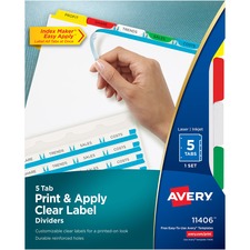 AVE11406 - Avery&reg; Print & Apply Clear Label Dividers, Index Maker(R) Easy Apply(TM) Printable Label Strip, 5 Multicolor Tabs (11406)