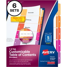 AVE11187 - Avery&reg; Ready Index(R) 5-Tab Binder Dividers, Customizable Table of Contents, Multicolor Tabs, 6 Sets (11187)