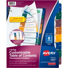 AVE11817 - Avery&reg; Customizable Table of Contents Translucent Plastic Dividers, Ready Index(R) Printable Section Titles, Preprinted 1-8 Multicolor Tabs, 1 Set (11817)