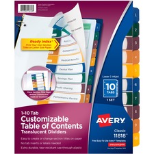 AVE11818 - Avery&reg; Customizable Table of Contents Translucent Plastic Dividers, Ready Index(R) Printable Section Titles, Preprinted 1-10 Multicolor Tabs, 1 Set (11818)