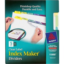 AVE11990 - Avery&reg; Print & Apply Clear Label Dividers, Index Maker(R) Easy Apply(TM) Printable Label Strip, 5 Pastel Tabs, 5 Sets (11990)